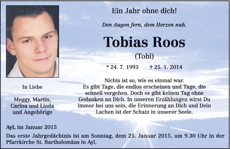  Traueranzeige für Tobias Roos vom 17.01.2015 aus trierischer_volksfreund