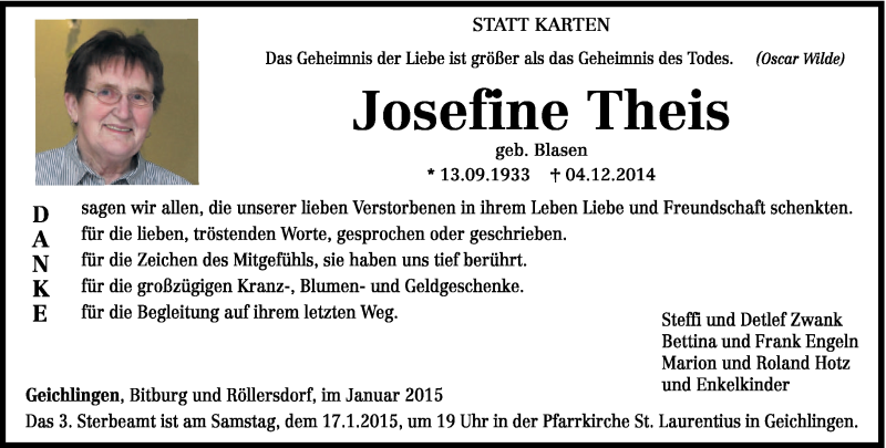  Traueranzeige für Josefine Theis vom 14.01.2015 aus trierischer_volksfreund