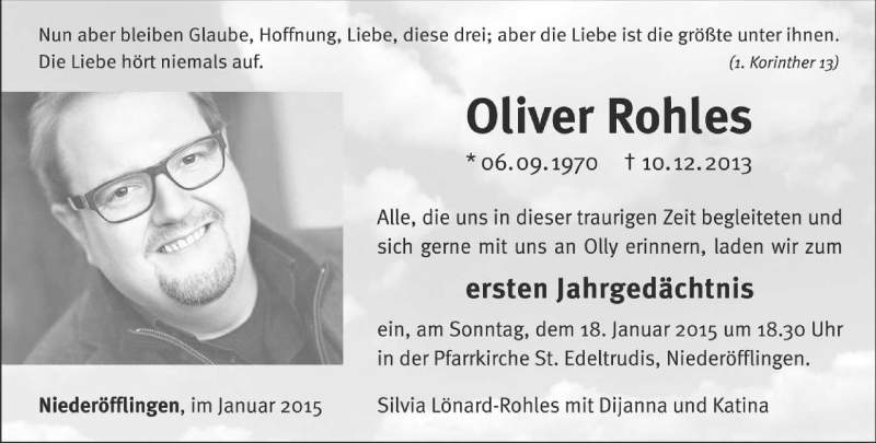  Traueranzeige für Oliver Rohles vom 17.01.2015 aus trierischer_volksfreund