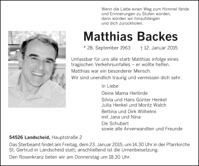  Traueranzeige für Matthias Backes vom 17.01.2015 aus trierischer_volksfreund