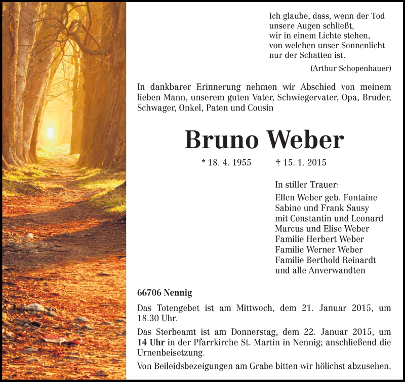  Traueranzeige für Bruno Weber vom 17.01.2015 aus trierischer_volksfreund