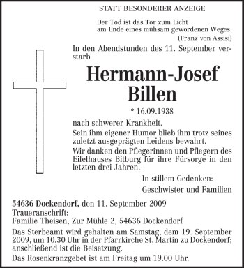 Traueranzeige von Hermann-Josef Billen von TRIERISCHER VOLKSFREUND
