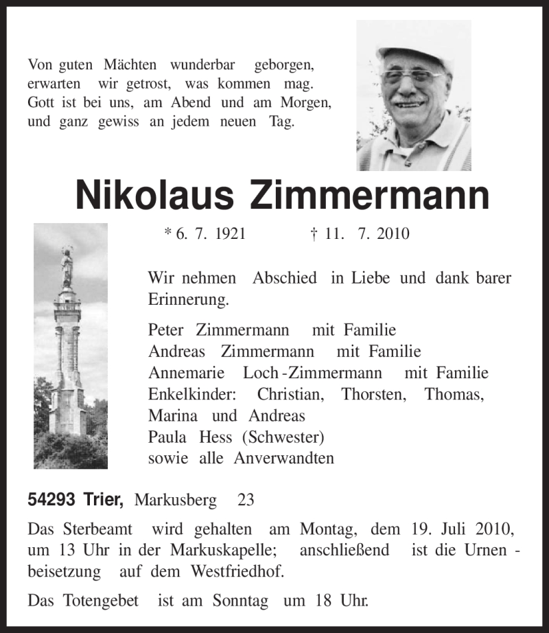  Traueranzeige für Nikolaus Zimmermann vom 14.07.2010 aus TRIERISCHER VOLKSFREUND