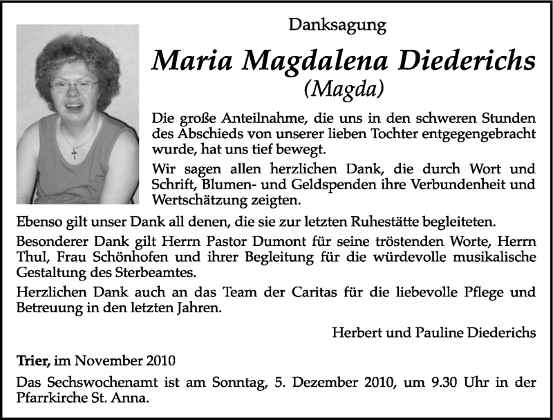  Traueranzeige für Maria Magdalena Diederichs vom 29.11.2010 aus TRIERISCHER VOLKSFREUND