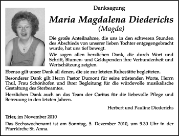 Traueranzeige von Maria Magdalena Diederichs von TRIERISCHER VOLKSFREUND