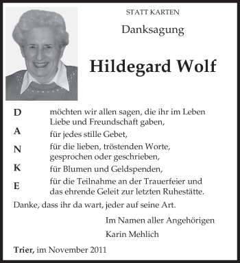 Traueranzeige von Hildegard Wolf von TRIERISCHER VOLKSFREUND