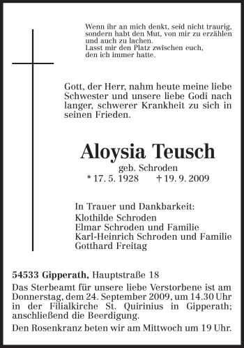 Traueranzeige von Aloysia Teusch von TRIERISCHER VOLKSFREUND