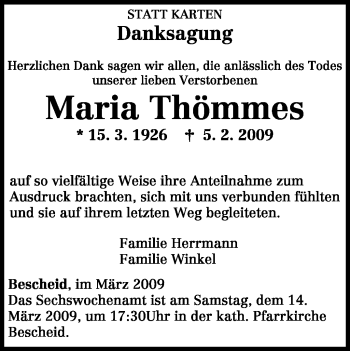 Traueranzeige von Maria Thömmes von TRIERISCHER VOLKSFREUND
