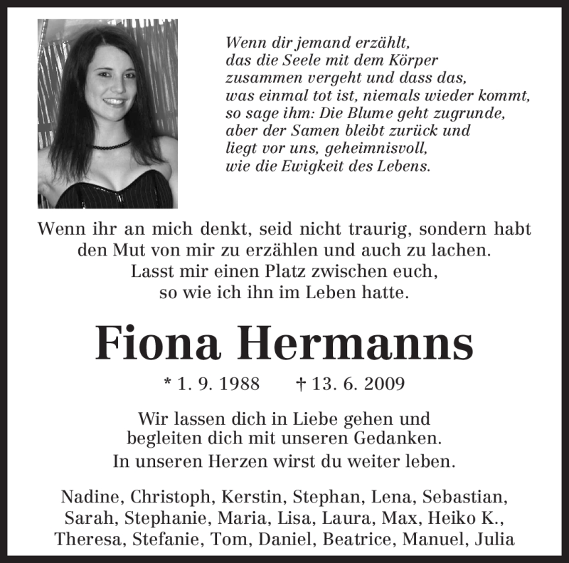  Traueranzeige für Fiona Hermanns vom 23.06.2009 aus TRIERISCHER VOLKSFREUND