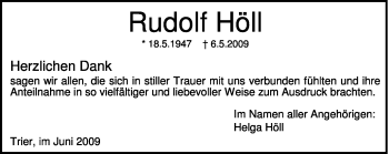 Traueranzeige von Rudolf Höll von TRIERISCHER VOLKSFREUND