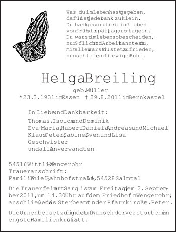 Traueranzeige von Helga Breiling von TRIERISCHER VOLKSFREUND