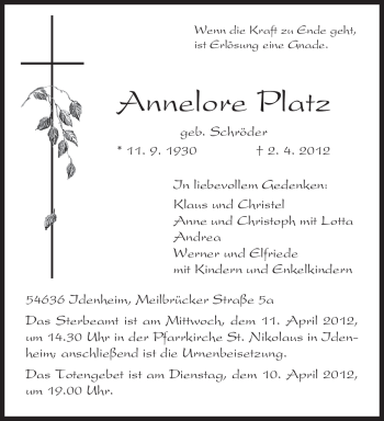 Traueranzeige von Annelore Platz von TRIERISCHER VOLKSFREUND