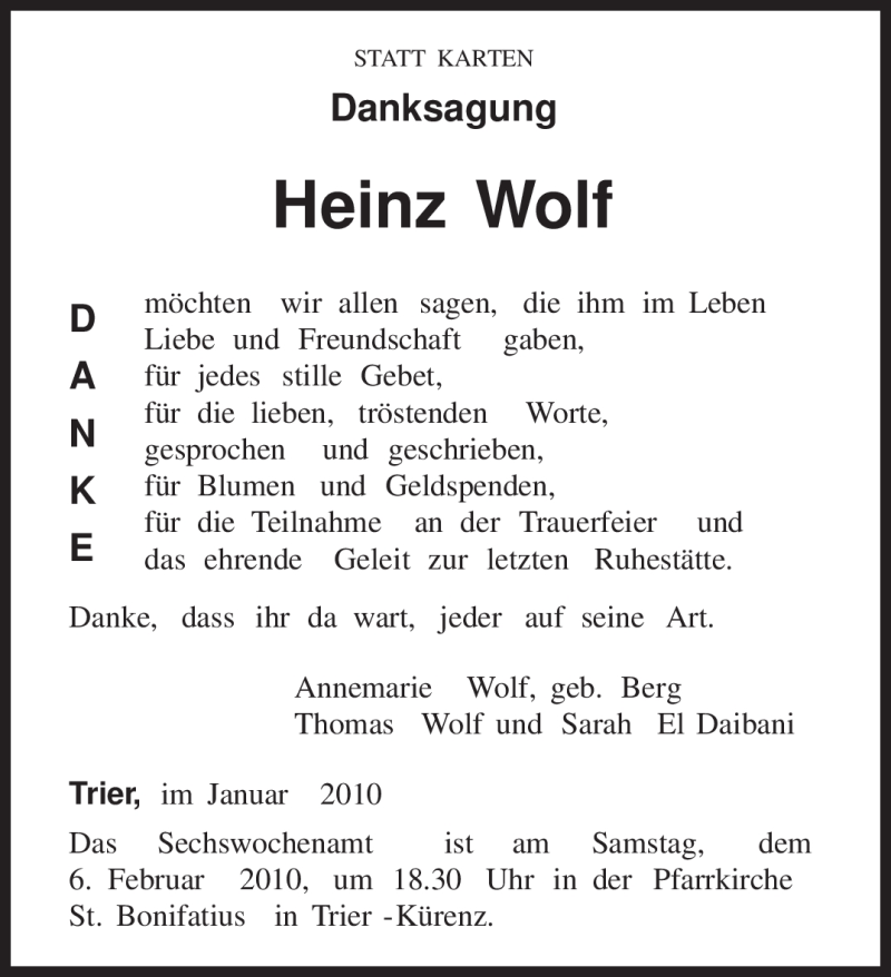  Traueranzeige für Heinz Wolf vom 30.01.2010 aus TRIERISCHER VOLKSFREUND