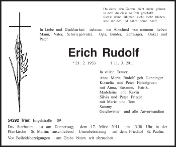 Traueranzeige von Erich Rudolf von TRIERISCHER VOLKSFREUND