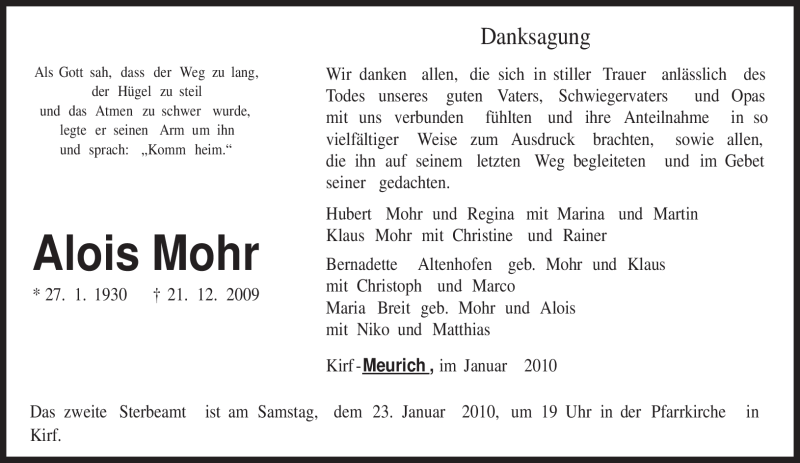  Traueranzeige für Alois Mohr vom 16.01.2010 aus TRIERISCHER VOLKSFREUND