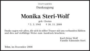 Traueranzeige von Monika Steri-Wolf von TRIERISCHER VOLKSFREUND