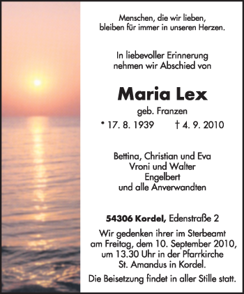 Traueranzeige von Maria Lex von TRIERISCHER VOLKSFREUND