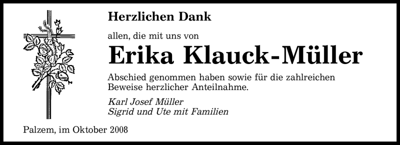  Traueranzeige für Erika Klauck-Müller vom 11.10.2008 aus TRIERISCHER VOLKSFREUND