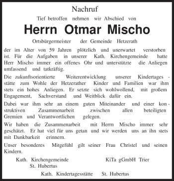 Traueranzeige von Otmar Mischo von TRIERISCHER VOLKSFREUND