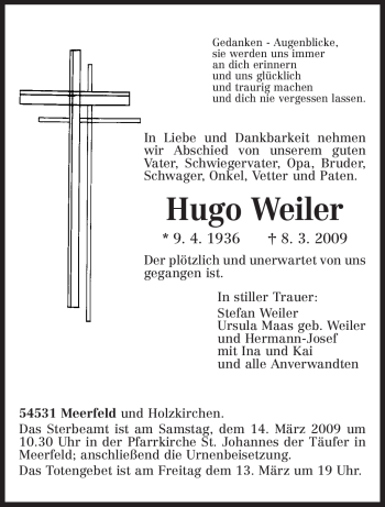 Traueranzeige von Hugo Weiler von TRIERISCHER VOLKSFREUND