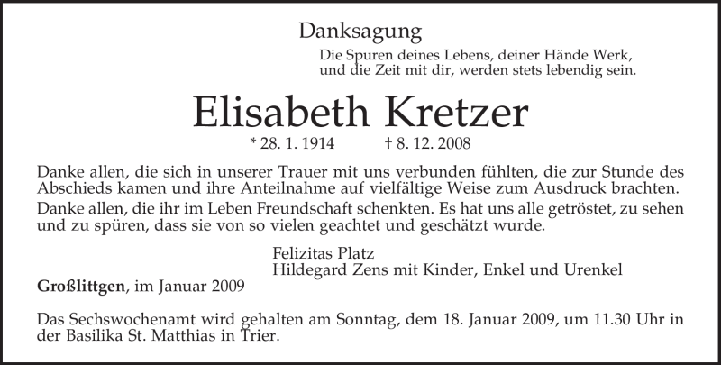  Traueranzeige für Elisabeth Kretzer vom 12.01.2009 aus TRIERISCHER VOLKSFREUND
