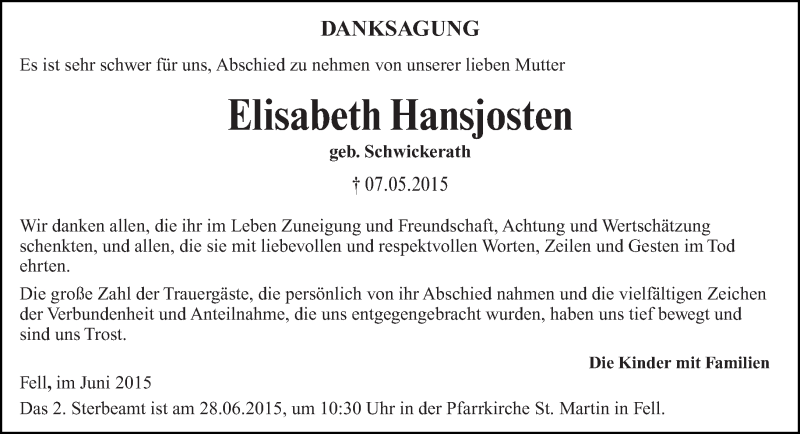  Traueranzeige für Elisabeth Hansjosten vom 20.06.2015 aus trierischer_volksfreund