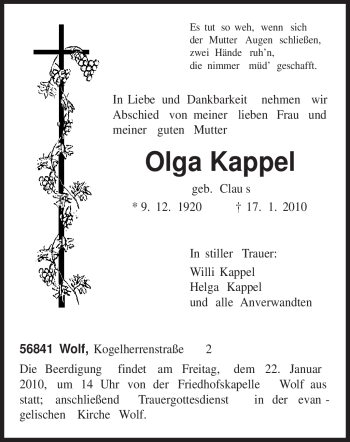 Traueranzeige von Olga Kappel von TRIERISCHER VOLKSFREUND