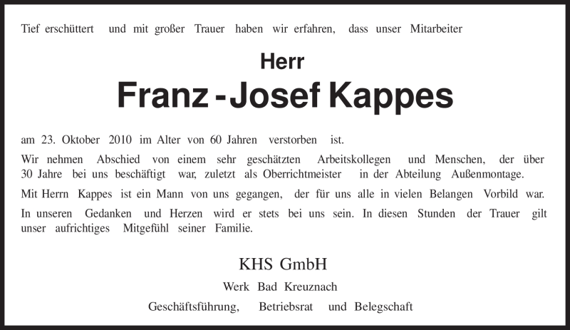  Traueranzeige für Franz - Josef Kappes vom 06.11.2010 aus TRIERISCHER VOLKSFREUND