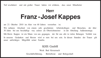 Traueranzeige von Franz - Josef Kappes von TRIERISCHER VOLKSFREUND