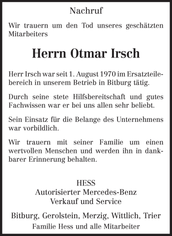 Traueranzeige von Otmar Irsch von TRIERISCHER VOLKSFREUND