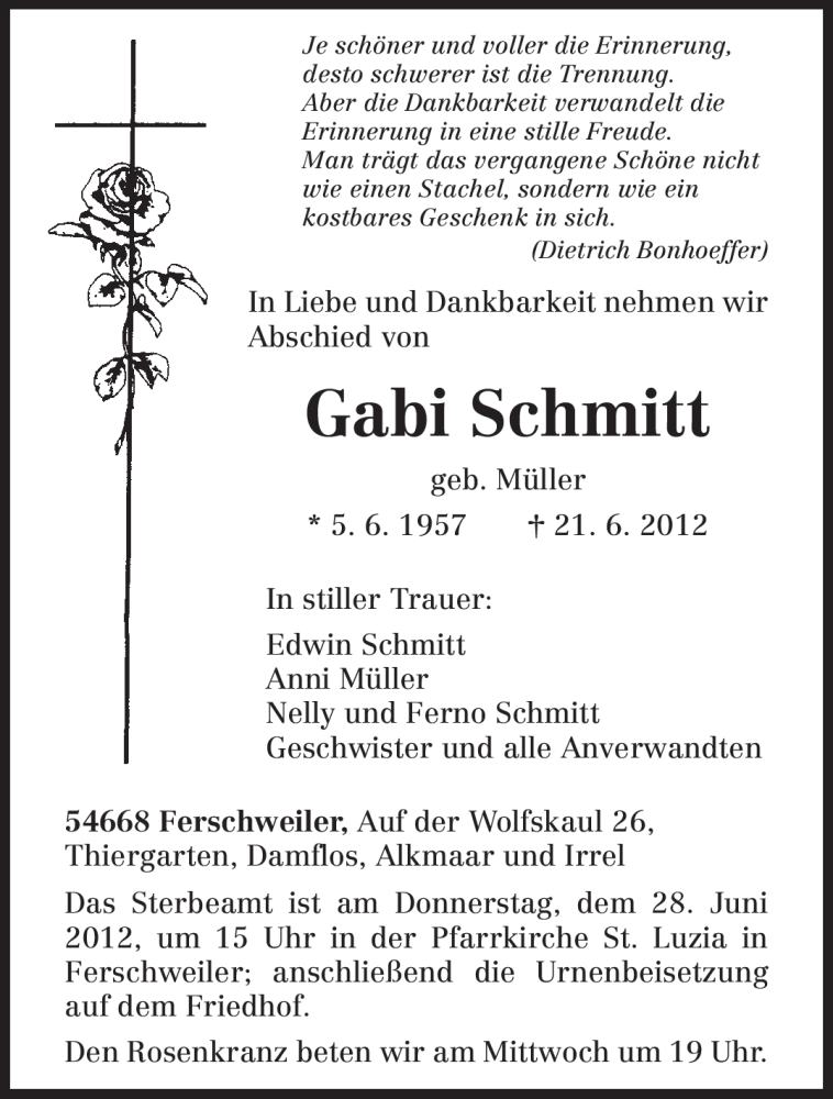  Traueranzeige für Gabi Schmitt vom 25.06.2012 aus TRIERISCHER VOLKSFREUND