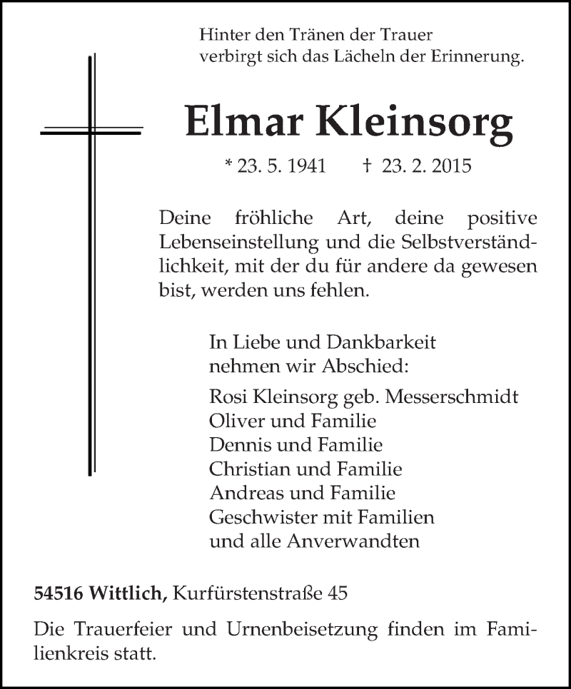  Traueranzeige für Elmar Kleinsorg vom 25.02.2015 aus trierischer_volksfreund