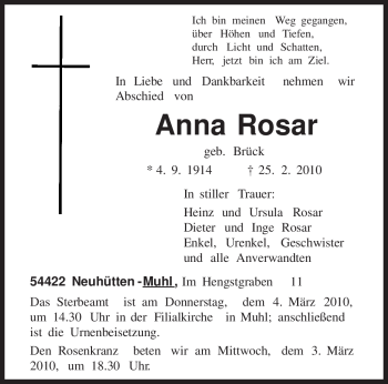 Traueranzeige von Anna Rosar von TRIERISCHER VOLKSFREUND