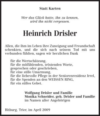 Traueranzeige von Heinrich Drisler von TRIERISCHER VOLKSFREUND