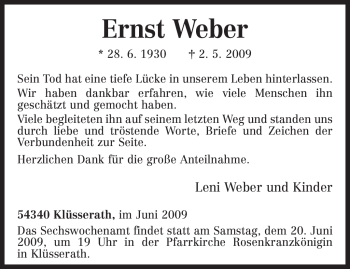 Traueranzeige von Ernst Weber von TRIERISCHER VOLKSFREUND