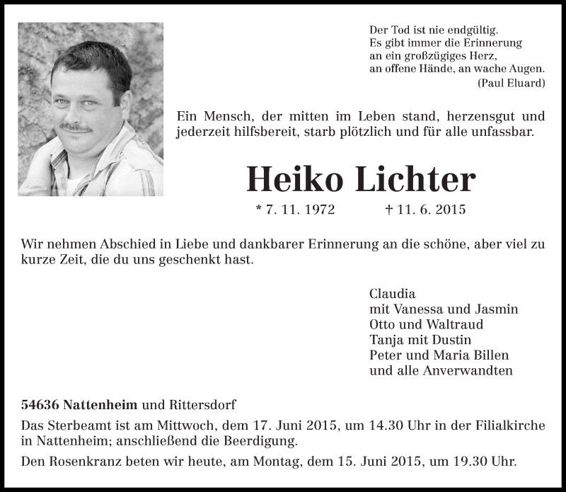 Traueranzeige für Heiko Lichter vom 15.06.2015 aus trierischer_volksfreund