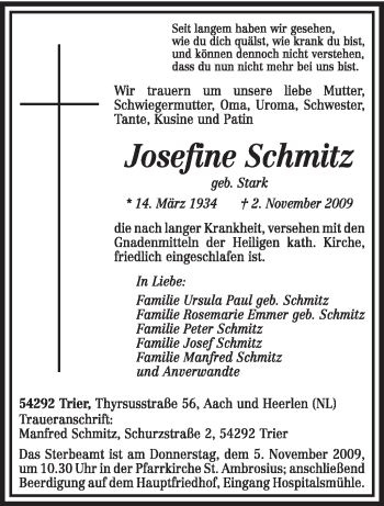 Traueranzeige von Josefine Schmitz von TRIERISCHER VOLKSFREUND