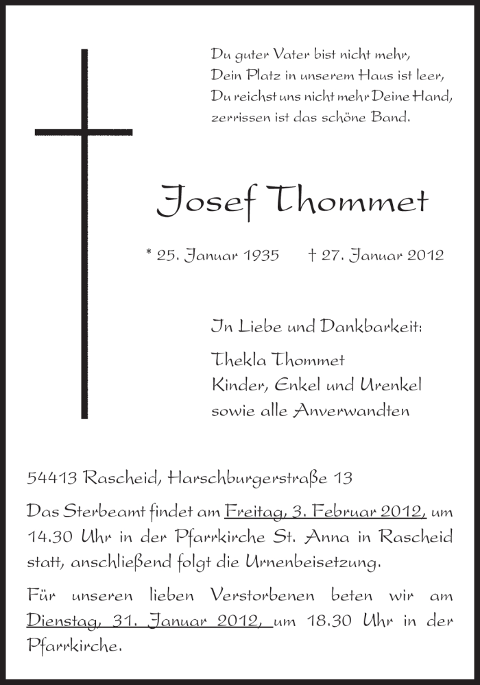  Traueranzeige für Josef Thommet vom 30.01.2012 aus TRIERISCHER VOLKSFREUND