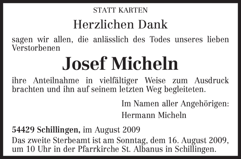  Traueranzeige für Josef Micheln vom 12.08.2009 aus TRIERISCHER VOLKSFREUND
