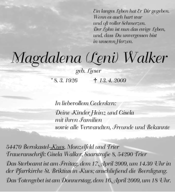 Traueranzeige von Magdalena Walker von TRIERISCHER VOLKSFREUND
