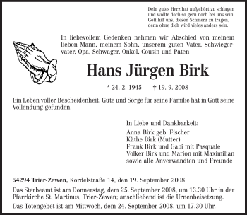 Traueranzeige von Hans Jürgen Birk von TRIERISCHER VOLKSFREUND