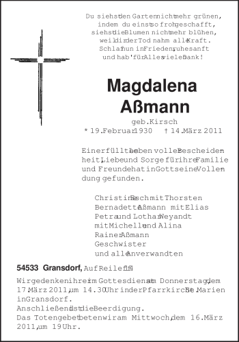 Traueranzeige von Magdalena Assmann von TRIERISCHER VOLKSFREUND