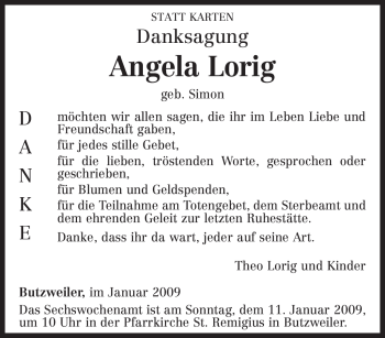 Traueranzeige von Angela Lorig von TRIERISCHER VOLKSFREUND