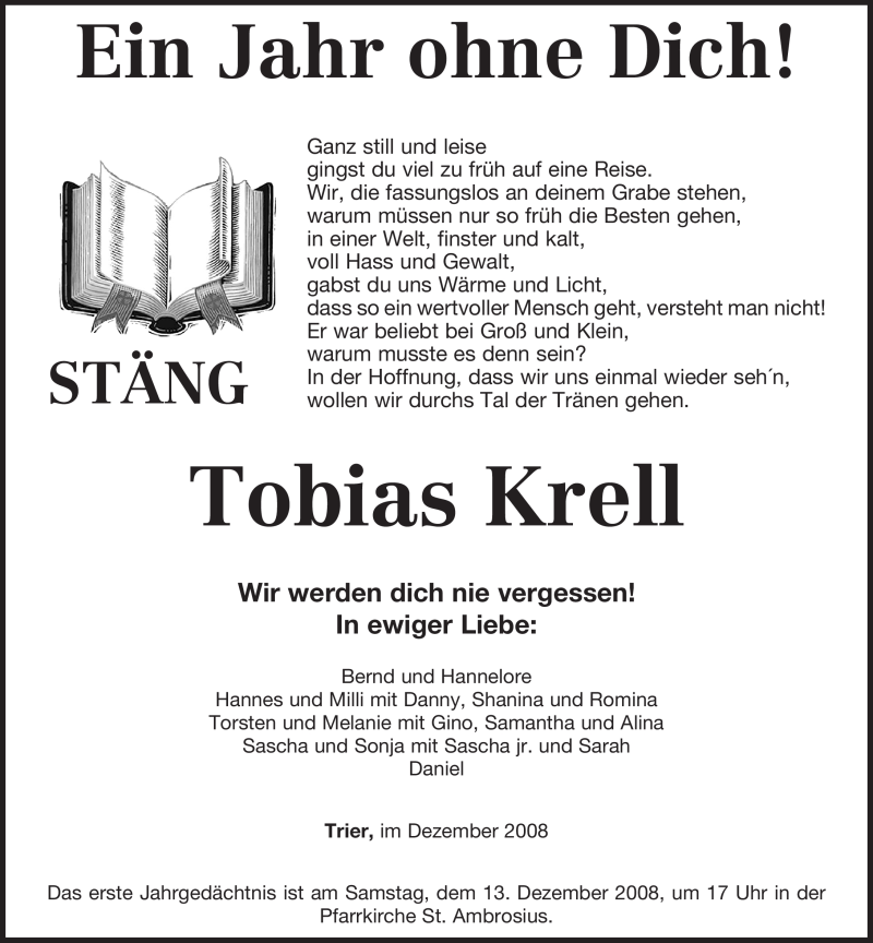  Traueranzeige für Tobias Krell vom 10.12.2008 aus TRIERISCHER VOLKSFREUND