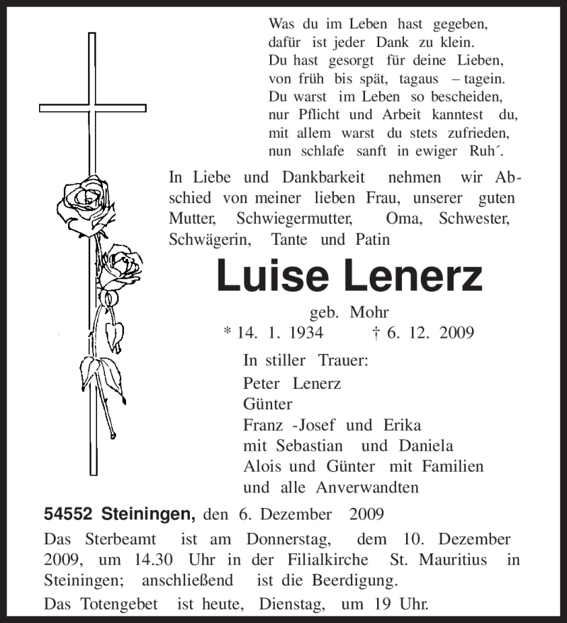  Traueranzeige für Luise Lenerz vom 08.12.2009 aus TRIERISCHER VOLKSFREUND