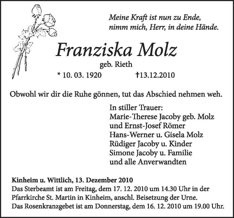  Traueranzeige für Franziska Molz vom 15.12.2010 aus TRIERISCHER VOLKSFREUND