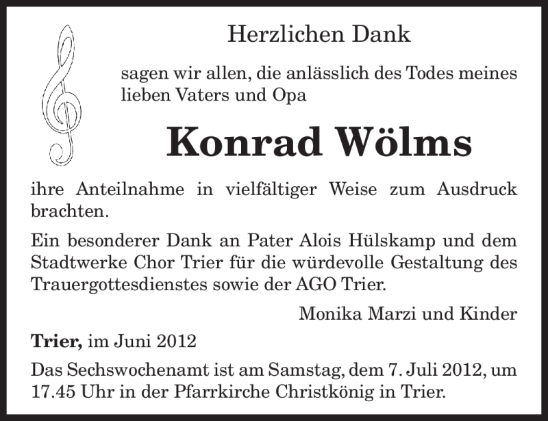  Traueranzeige für Konrad Wölms vom 30.06.2012 aus TRIERISCHER VOLKSFREUND