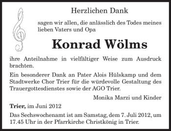 Traueranzeige von Konrad Wölms von TRIERISCHER VOLKSFREUND
