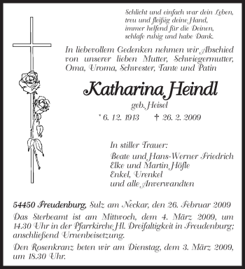 Traueranzeige von Katharina Heindl von TRIERISCHER VOLKSFREUND