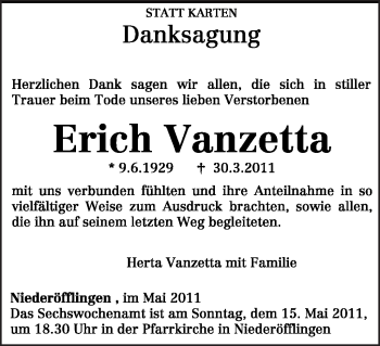Traueranzeige von Erich Vanzetta von TRIERISCHER VOLKSFREUND